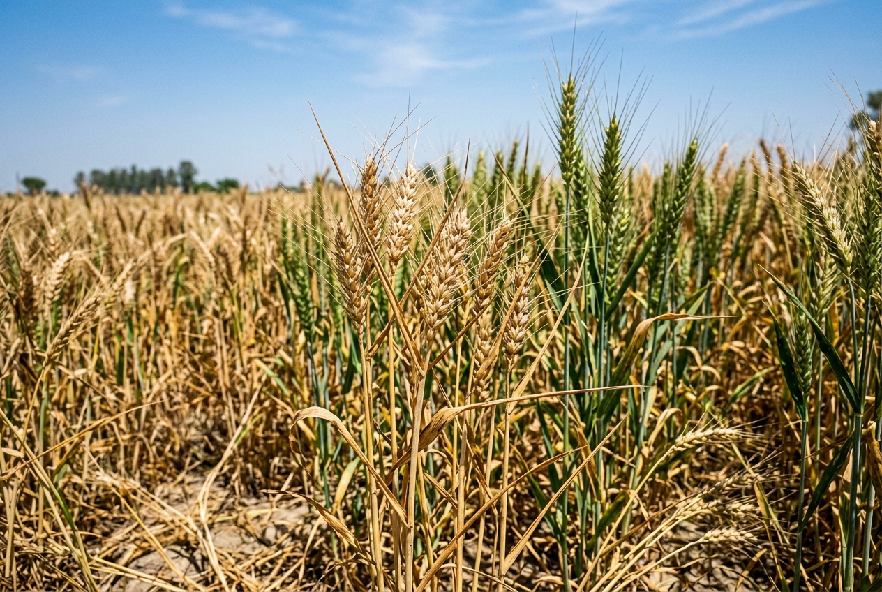 Wheat heads showing signs of heat stress